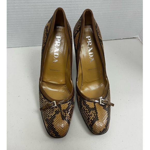 Prada Snakeskin Leather Stiletto High Heels 4" Buckle Womens Size 37 - Picture 1 of 15